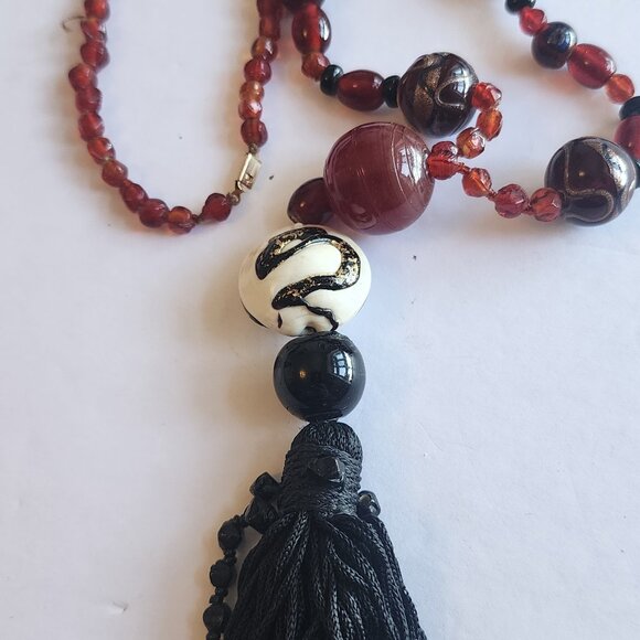 Necklace with beaded glass brown, orange, Murano style with inclusions 23" - Picture 6 of 7